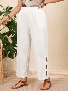 EMERY ROSE Plus Size Vacation Casual Solid Color Hollow Out Pants,Summer Outfits For Women,Vacation Outfits Woman