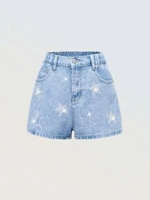 Denimly 少女潮流流行铆钉五角星松紧腰拉链门襟水洗牛仔短裤