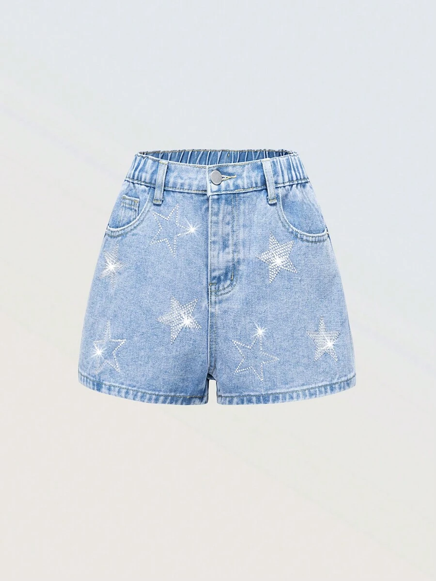 Denimly 少女潮流流行铆钉五角星松紧腰拉链门襟水洗牛仔短裤