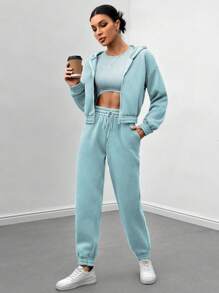 SHEIN LUNE Conjunto Feminino De Moletom Com Capuz E Zíper Frontal, Cropped, Colete E Calça - Azul bebê - Visão 5