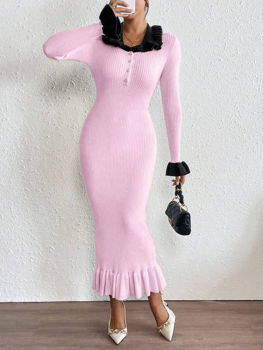 Chiquease Women's Peter Pan Collar Ruffle Sleeve Elegant Sweater Dress Fall Cloth For Women - Pink - View 1