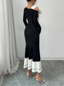 Elenzga 女士撞色蝴蝶结长袖连衣裙 - 杏色 - 查看 2