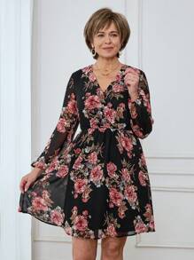 Miaspire Vestido corto de mujer de gasa con estampado floral, cuello cruzado en V y manga larga casual