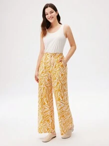 LUVLETTE 女款黃色柔軟棉質基本背心與寬腿圖案長褲家居服透氣睡衣套裝，附口袋長褲可當外穿居家套裝，圖案款 - 黃色 - 查看 2