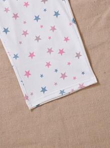 Tween Girls Star Print White Base 2 Pieces Casual Comfortable Pajama Set, Long Sleeve Top And Pants