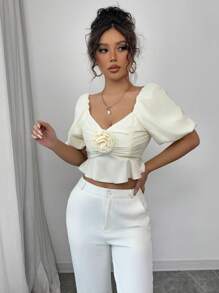 Elenzga Women's Elegant Fashion Date/Holiday Gentle Fairy-Like Ruffle Hem, Floral Decor, Solid Satin Blouse Valentine's Day