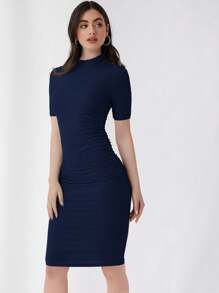 SHEIN Essnce Women Elegant Solid Color Knitted Ruched Bodycon Dress - Navy Blue - View 3