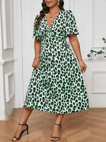 SHEIN Frenchy Plus Size Fall Vintage Leopard Print Short Sleeve Kink Cinched Waist Dress