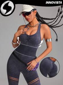 Innovista Women Activewear Seamless Tie Dye Criss Cross Sports Jumpsuit, Breathable Mesh & High Elastic Dry Fit Gym Jumpsuit. High Waist Tummy Control & Butt-Lifting Workout Outfits Cardio, Strength, Pilates, Outdoor, Hike, Camping, Trail, Yoga, Volleyball, Athleisure, Climbing, Music Festival, Party, Base Layer, Purple, Y2K Electric, Autumn, Valentine Utilitarian Chic , Striped Design - Purple - View 9