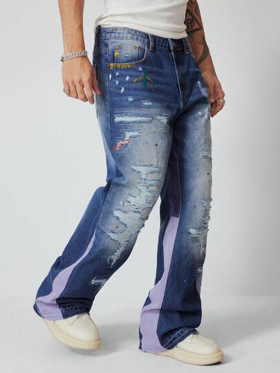 Grunge Punk Herren Jeans im geraden Schnitt mit Batik-Muster Tasche und Destroyed-Look, Lässig