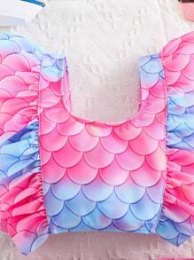 SHEIN Young Girl Knitted Swimwear Set, Ruffled Top And Shorts 2pcs - Pink - View 3