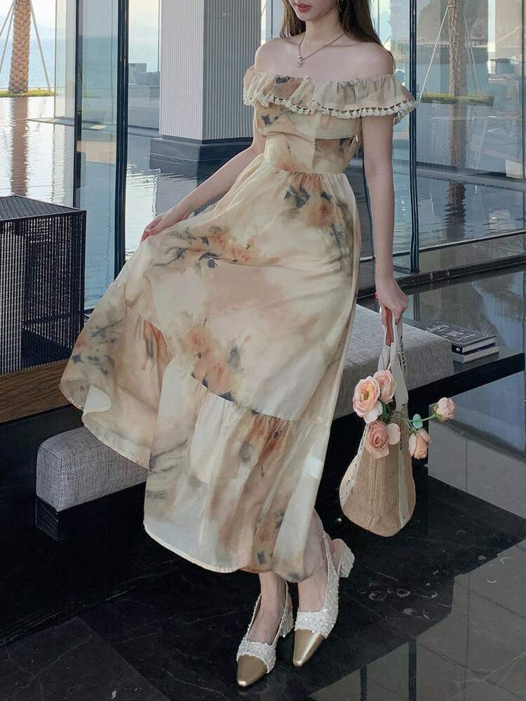 Women Floral V-Neck Off Shoulder Maxi Beach Dress, Holiday Vacation Style, Spring/Summer Sundress Boho