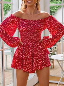 SHEIN VCAY 情人节派对氛围连衣裙，夏季度假约会装，荷叶边露肩灯笼长袖爱心印花女士连体裤，沙滩派对女士连体裤，音乐节街头派对女士连体裤 - 紅白色 - 查看 5