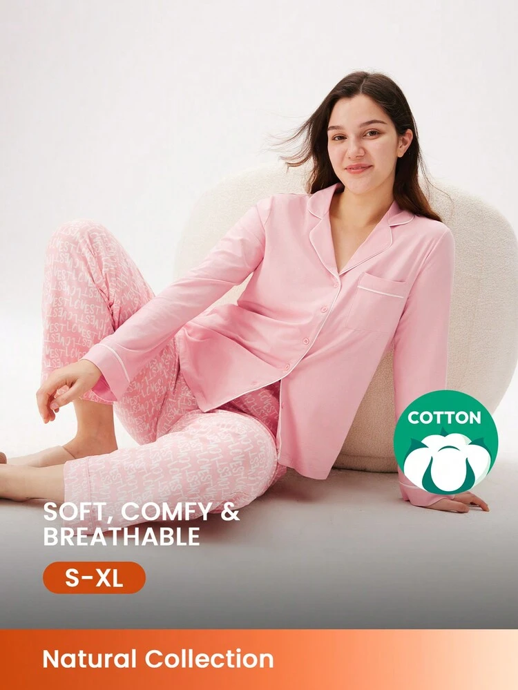 Cotton Button-Up Top & Printed Pants PJ Set