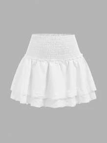 Girlism 少女清纯女孩白色蕾丝高腰荷叶边下摆 A 字迷你裙，休闲少女风，适合春夏、新年、情人节 - 白色 - 查看 1