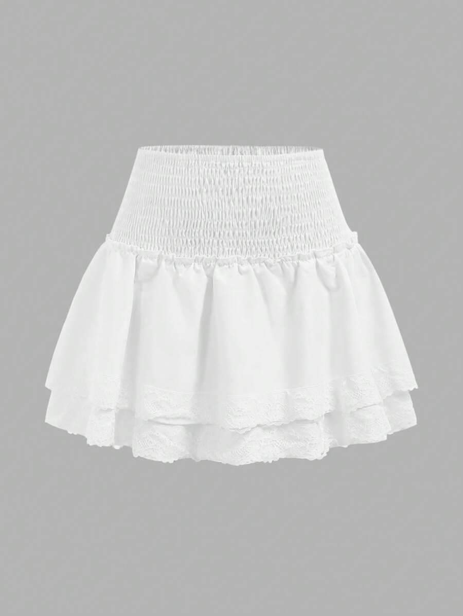 Girlism 少女清纯女孩白色蕾丝高腰荷叶边下摆 A 字迷你裙，休闲少女风，适合春夏、新年、情人节 - 白色 - 查看 1