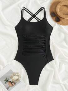 Swim SXY 女式露背交叉带褶皱侧连体泳衣，夏季性感时尚沙滩装 - 黑色 - 查看 2