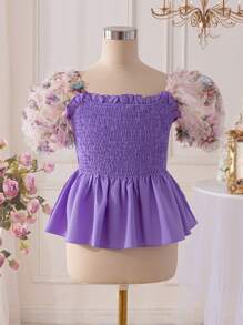 SHEIN 少女假期甜美泡泡袖女童套头衫 - 淡紫色 - 查看 3