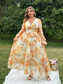Flirla Abito in chiffon con scollo a V maniche lunghe elegante, con motivo floreale ditsy, romantico e puro, adatto alla primavera/estate, per spiaggia o vacanza - Multicolore - Visualizzare 6