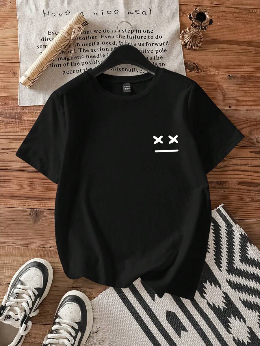 Attitoon Camiseta holgada de manga corta para mujer con estampado de emoticonos, adecuada para el verano - Negro - Ver 1