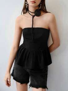 MOTF STUDIO SOLID PEPLUM TUBE TOP,VALENTINE'S DAY,SPRING/SUMMER - Black - View 3