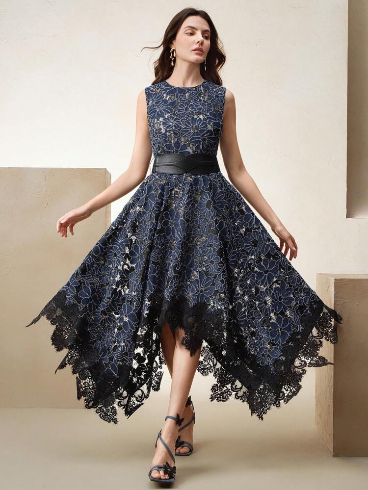 Women's Elegant Lace Jacquard Texture Splice Lace Trim Sleeveless Belt Long Dress, Suitable For Date, Party, Spring/Summer Outfits Party Dresses For Women Women Cocktail Dresses