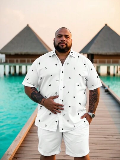 Manfinity EZcore 时尚休闲度假风格剪影印花短袖纽扣修身衬衫，男士加大码，适合度假、外出、约会，也可作为送给男朋友的礼物