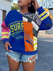 Slaydiva Plus Size Women Casual Letter Print Crew Neck Loose Long Sleeve Pullover Sweatshirt For Autumn/Winter