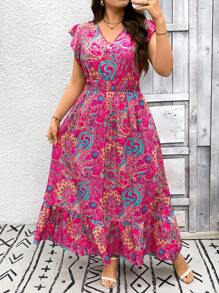SHEIN LUNE Váy dài họa tiết Paisley cỡ lớn cho kỳ nghỉ thường ngày Boho mùa hè Boho Old Money trang phục mùa hè cho phụ nữ trang phục nghỉ xuân Rave lễ hội trang phục nghỉ xuân - Màu Hồng Tươi - Xem 1