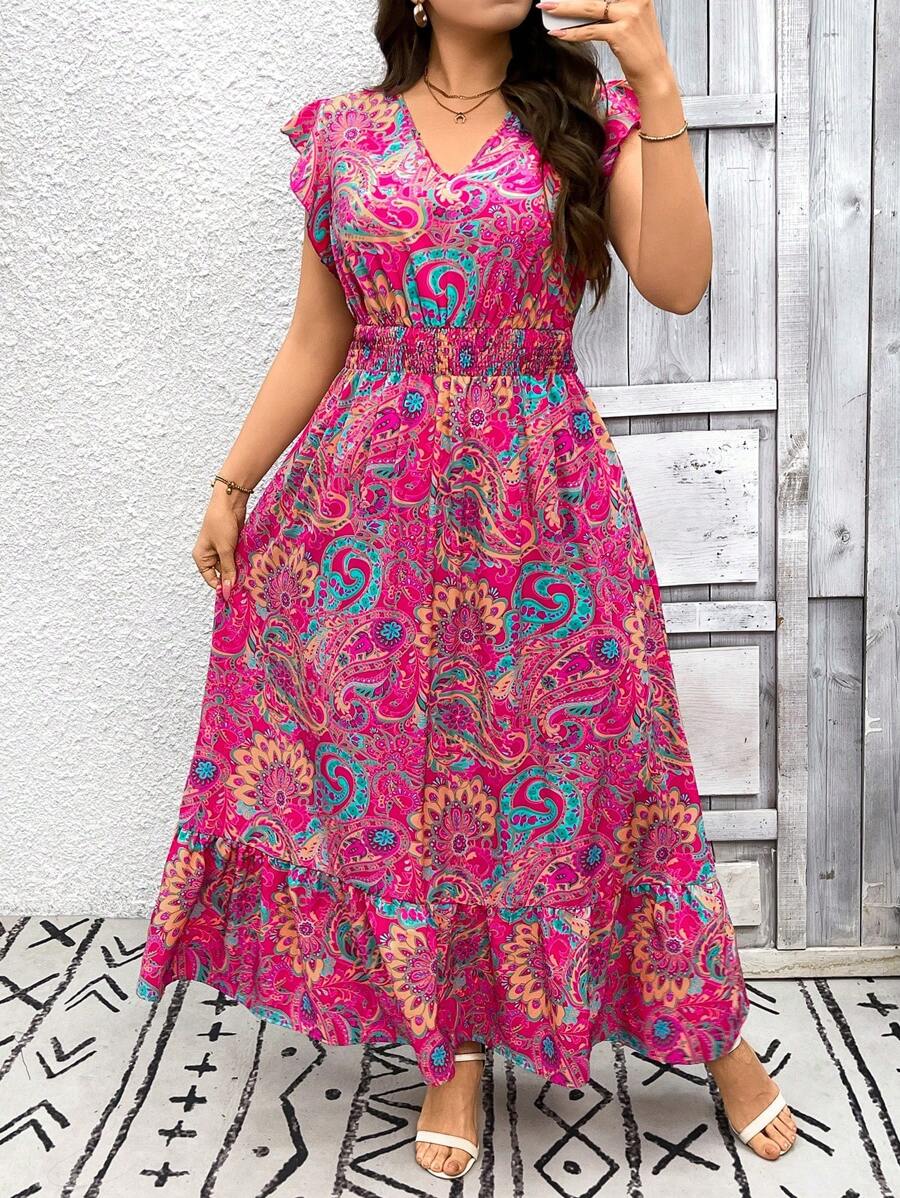 SHEIN LUNE Váy dài họa tiết Paisley cỡ lớn cho kỳ nghỉ thường ngày Boho mùa hè Boho Old Money trang phục mùa hè cho phụ nữ trang phục nghỉ xuân Rave lễ hội trang phục nghỉ xuân - Màu Hồng Tươi - Xem 1
