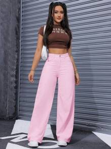 SHEIN ICON Women's Front Button Pocket Casual Loose Straight Jeans Y2k - Pink - View 3