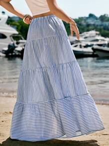 SHEIN VCAY Holiday Woven Striped High Waist Flare Skirt For Women