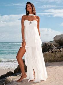 Opulessa Women's Solid Color Woven Asymmetrical Hem Ruffle Hem Dress, Summer Beach Outfits, Elegant Dresses Party, Luxury Evening Dresses For Weddings, White New Year Look - White - View 6