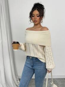 Chiquease 女士休闲露肩灯笼袖扭绳镂空宽松针织毛衣，春秋季针织套头衫秋冬毛衣 - 杏色 - 查看 4