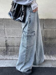 FRIFUL 女式休闲宽松大口袋牛仔裤 - 藍色 - 查看 3