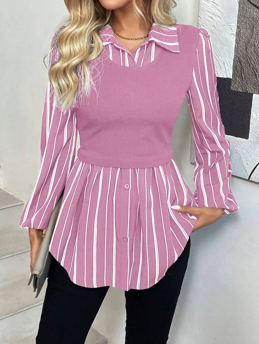 SHEIN LUNE Damen Farbblock Langarm Frontknopf Lässige Bluse Vier Jahreszeiten Sommer Outfits Für Frauen Ausgehen Tops Frauen