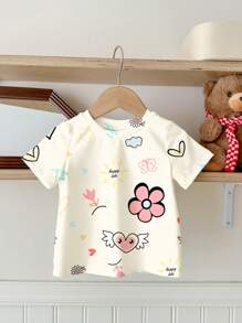 SHEIN Baby Girl Casual Flower & Heart Printed Short Sleeve Round Neck Top, Suitable For Spring/Summer - Multicolor - View 1