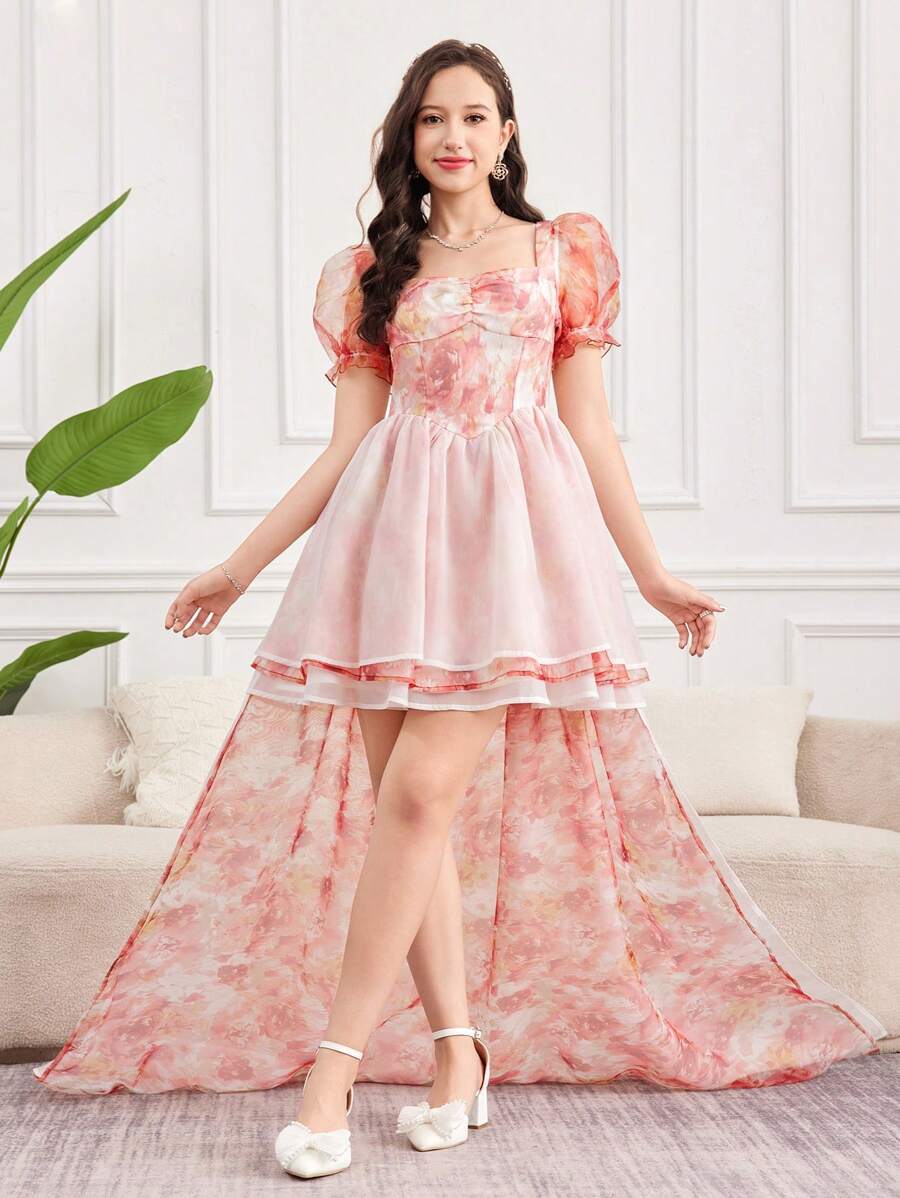 SHEIN Váy tuổi teen màu hồng loang lổ/Tie Dye/Nhiều lớp/Váy bánh/Tay bồng/Cổ tim ngọt ngào/Váy ngắn/Đuôi cực dài/Váy thanh lịch/Váy cổ điển/Váy sinh nhật/Váy công chúa/Váy tuyệt đẹp và dễ thương - Nhiều màu - Xem 1