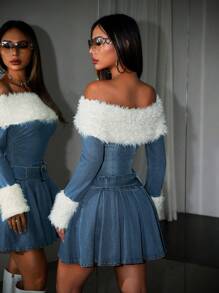 SHEIN ICON 女士牛仔连衣裙性感单肩迷你连衣裙带毛边秋季女装啦啦队服装 Y2k 连衣裙加厚牛仔布毛绒 - 彩色 - 查看 2