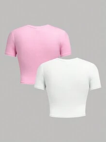SHEIN Girlism Set da 3 t-shirt aderenti a maniche corte crop top da ragazza adolescente, casual - Rosa Baby - Visualizzare 2