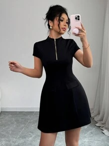 Elenzga Vintage Style Cocktail Mini Dress, Puff Sleeve Waist Gathered Design, Slim Fit, Gold Zipper Detail Faux Pockets, Unique Princess Dress - Black - View 4