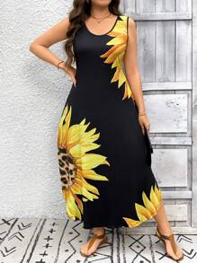 SHEIN LUNE Plus Size Women Leopard & Sunflower Print Crew Neck Sleeveless Casual Midi Dress Western Wear Women Boho Bohemian 90s Clothes Festival Summer Dresses For Women Sundress Summer Boho Old Money Summer Outfits For Women Spring Break Rave Outfits Festival Spring Break Outfits - Multicolor - View 5