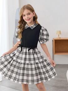 SHEIN 青少年女孩休闲街头时尚黑白格子拼布褶皱喇叭裙领泡泡袖蝴蝶结装饰腰部收腰连衣裙，返校，学院风，格子印花连衣裙 - 黑與白 - 查看 3