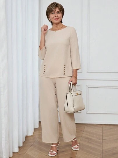 Miaspire Set de 2 piezas con top de cuello redondo y mangas 3/4 + pantalones de unicolor para mujer