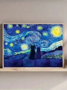 1 pieza Obra de arte de la Noche Estrellada, impresión en lienzo de obra de arte de gatos, póster de decoración de cielo nocturno, pintura de animales, pintura surrealista para decoración de habitación, estilo de Vincent Van Gogh, impresiones artísticas, decoración del hogar, pósteres, regalo ideal, para sala de estar, dormitorio, baño, cafetería