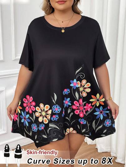 SHEIN CURVE+ Plus Size Black Positioned Graphic Tee Shirt, Faux Embroidery, Summer Resort Wear