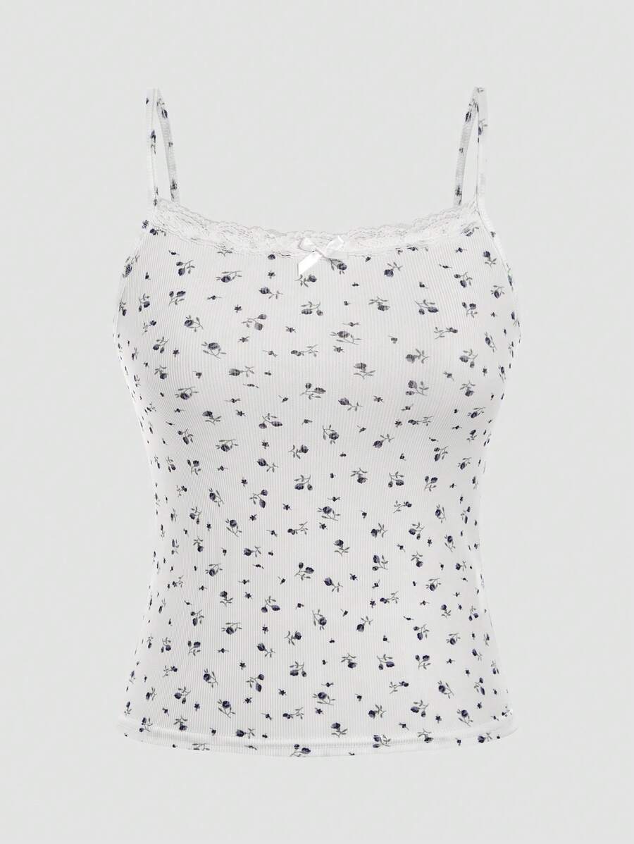Tween Girl Casual Lace Trim Ditsy Floral Camisole