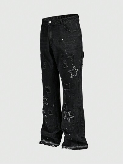 Grunge Punk Men's Pentagram Patch Pocket Wide-Leg Casual Jeans