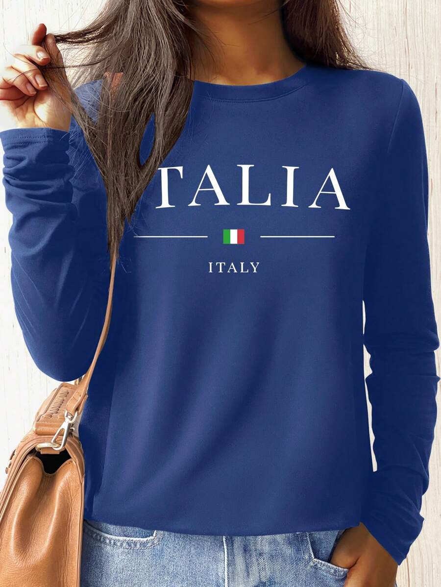 SHEIN LUNE 情人节粉红玫瑰时尚英文休闲舒适外出修身家居时尚秋冬春季休闲外出长袖打底印花T恤女式春季上衣 - 藍色 - 查看 1