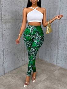 BamGleam 数码印花豹纹打底裤，紧身性感，适合日常/居家穿着 - 綠色 - 查看 5